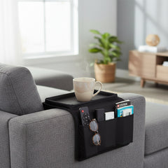 6-Pocket Sofa Armrest Organizer with Tray – Couch & Armchair Caddy for Remote Controls, Phone, Glasses & Snacks – Universal Fit Couch Arm Storage Holder