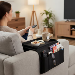 6-Pocket Sofa Armrest Organizer with Tray – Couch & Armchair Caddy for Remote Controls, Phone, Glasses & Snacks – Universal Fit Couch Arm Storage Holder