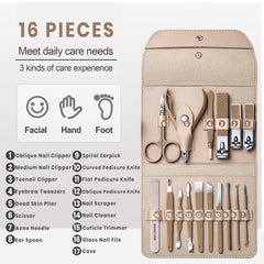 2-Pack Professional 16-Piece Manicure Pedicure Grooming Kit – Stainless Steel Nail Clippers Set with Facial Care Tools, Cuticle Trimmer, Eyebrow Scissors & Portable Travel Leather Case for Men & Women