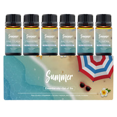 6-Pack Summer Vibes Aromatherapy Essential Oils Set – Fresh Fragrance Oils for Diffusers, Humidifiers, Soap Making, Candles & Home Fragrance, Pina Colada, Strawberry, Coconut Passion, Ocean, Bali Island & Plumeria
