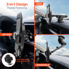 3-in-1 Phone Mount Kit – Vent, Dashboard & Windshield Mount with Silicone Cradle Grip, Swivel Ball, and 8-Inch Telescopic Suction Base – Black
