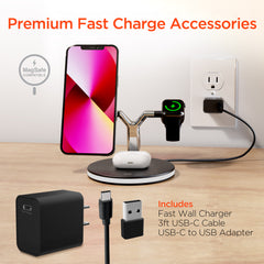 3-in-1 Magnetic Wireless Charging Stand – MagSafe-Compatible 15W Fast Charger for iPhone, AirPods Charging Pad & Apple Watch Charger Mount with LED Touch Control | Black