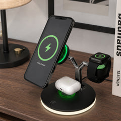 3-in-1 Magnetic Wireless Charging Stand – MagSafe-Compatible 15W Fast Charger for iPhone, AirPods Charging Pad & Apple Watch Charger Mount with LED Touch Control | Black