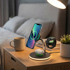 3-in-1 Magnetic Wireless Charging Stand – MagSafe-Compatible 15W Fast Charger for iPhone, AirPods Charging Pad & Apple Watch Charger Mount with LED Touch Control | Black