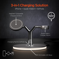 3-in-1 Magnetic Wireless Charging Stand – MagSafe-Compatible 15W Fast Charger for iPhone, AirPods Charging Pad & Apple Watch Charger Mount with LED Touch Control | Black
