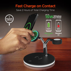 3-in-1 Magnetic Wireless Charging Stand – MagSafe-Compatible 15W Fast Charger for iPhone, AirPods Charging Pad & Apple Watch Charger Mount with LED Touch Control | Black