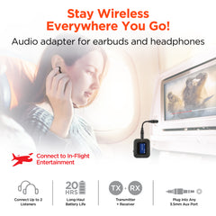 Flight Wireless Audio Adapter – Bluetooth 5.3 Transmitter & Receiver for Airplane Entertainment Systems, Wireless Headphones & Earbuds, Dual Device Pairing, LCD Display & 20-Hour Battery Life | Black