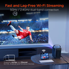 Portable Mini Projector with WiFi & Bluetooth – 720P HD Smart Projector with Built-In Streaming Apps, 200" Display, HDMI & AirPlay Compatible for Movies, Gaming & Home Theater