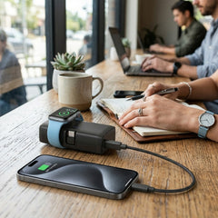 5000mAh Power Bank with Built-In Apple Watch Charger – Ultra-Mini Portable Charger with Dual USB-C Connectors, 20W PD Fast Charging & Kickstand | Black