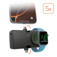 5000mAh Power Bank with Built-In Apple Watch Charger – Ultra-Mini Portable Charger with Dual USB-C Connectors, 20W PD Fast Charging & Kickstand | Black