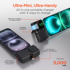 5000mAh Power Bank with Built-In Apple Watch Charger – Ultra-Mini Portable Charger with Dual USB-C Connectors, 20W PD Fast Charging & Kickstand | Black