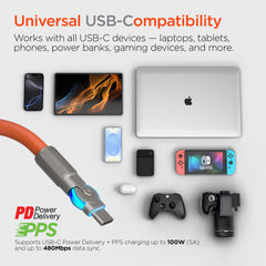 100W USB-C to USB-C Fast Charging Cable – 12ft Rugged Braided Cable with Dual 180° Rotating Connectors, LED Indicators & PD Fast Charge for iPhone 15/16, Samsung, iPad, MacBook & More | Orange