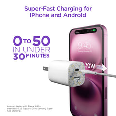 30W USB-C Fast Charging Kit with Travel Pouch – GaN Wall Charger, 6ft USB-C to USB-C & Lightning Cable, Floral Tech Organizer Set for iPhone, Samsung, iPad & More