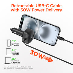 3-in-1 Fast Car Charger with Retractable USB-C Cable – 60W USB-C PD Car Charger with Dual USB-C & USB-A Ports – Fast Charging Adapter for iPhone, Android, Tablets & Laptops