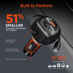 3-in-1 Fast Car Charger with Retractable USB-C Cable – 60W USB-C PD Car Charger with Dual USB-C & USB-A Ports – Fast Charging Adapter for iPhone, Android, Tablets & Laptops