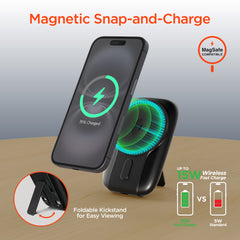 5,000mAh Magnetic Wireless Power Bank – MagSafe-Compatible 15W Fast Charging Portable Charger with Built-In USB-C & Lightning Cables, 20W USB-C PD and Foldable Kickstand | Black