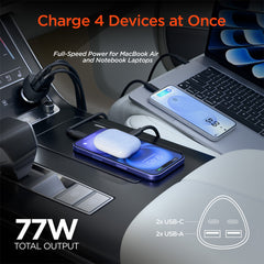 77W Quad-Port Fast Car Charger – Dual 30W USB-C PD PPS & Dual USB-A Ports – 4 Device Fast Charging Adapter for iPhone, Samsung, Android, Tablets & Laptops