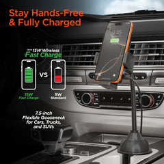 15W Wireless Car Charger Phone Mount – Cup Holder Phone Holder with Fast Wireless Charging, Flexible Gooseneck, One-Hand Operation & 360° Rotation for iPhone & Android | Black