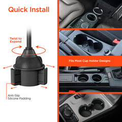 15W Wireless Car Charger Phone Mount – Cup Holder Phone Holder with Fast Wireless Charging, Flexible Gooseneck, One-Hand Operation & 360° Rotation for iPhone & Android | Black