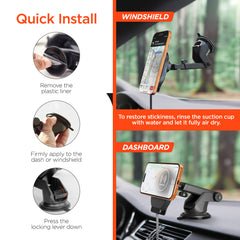 Magnetic Wireless Car Phone Mount – MagSafe-Compatible 15W Fast Charging Mount with Retractable USB-C Cable, Vent, Dashboard & Windshield Mount Kit | Black