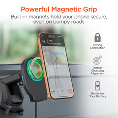 Magnetic Wireless Car Phone Mount – MagSafe-Compatible 15W Fast Charging Mount with Retractable USB-C Cable, Vent, Dashboard & Windshield Mount Kit | Black