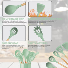 12-Piece Silicone Kitchen Utensil Set with Wooden Handles – Heat-Resistant Cooking Tools with Holder for Non-Stick Cookware, Aesthetic Countertops & First Apartment Vibes