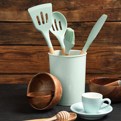12-Piece Silicone Kitchen Utensil Set with Wooden Handles – Heat-Resistant Cooking Tools with Holder for Non-Stick Cookware, Aesthetic Countertops & First Apartment Vibes