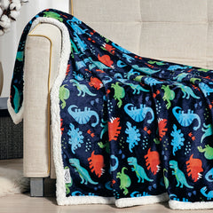 Navy Dino Sherpa Throw Blanket – Ultra Soft Faux Shearling Micro Plush 50" x 60" Blanket for Couch, Bed & Dorm – Lightweight, Cozy, All-Season, Machine Washable