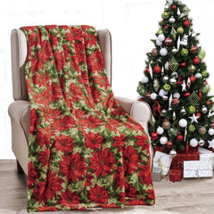 Christmas Poinsettia Plush Throw Blanket – Soft 100% Polyester Decorative Holiday Blanket for Couch, Sofa & Bed, Lightweight Machine Washable Christmas Throw, Red, 50 x 60 Inches