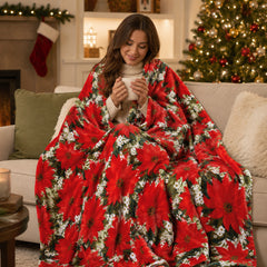 Christmas Poinsettia Plush Throw Blanket – Soft 100% Polyester Decorative Holiday Blanket for Couch, Sofa & Bed, Lightweight Machine Washable Christmas Throw, Red, 50 x 60 Inches