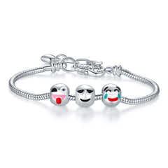 Emoji Charm Bracelet for Women & Kids – White Gold Plated Rope Chain Bracelet with Fun Emoji Charms – Stackable Cute Jewelry for Girls & Teens