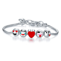 Emoji Charm Bracelet for Women & Kids – White Gold Plated Rope Chain Bracelet with Fun Emoji Charms – Stackable Cute Jewelry for Girls & Teens