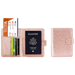 Glitter RFID Passport Holder Wallet – Bling PU Leather Travel Organizer with Credit Card Slots for Passport, Travel Documents, ID Cards & Business Cards, Blue & Rose Gold