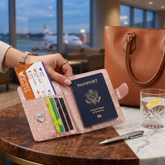 Glitter RFID Passport Holder Wallet – Bling PU Leather Travel Organizer with Credit Card Slots for Passport, Travel Documents, ID Cards & Business Cards, Blue & Rose Gold