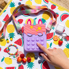 Kids Pop-It Bubble Fidget Crossbody Bag – Silicone Unicorn & Fruit Shoulder Purse with Zipper Pocket, Sensory Push Pop Toy Handbag for Girls, Small Accessories & Travel