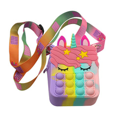 Kids Pop-It Bubble Fidget Crossbody Bag – Silicone Unicorn & Fruit Shoulder Purse with Zipper Pocket, Sensory Push Pop Toy Handbag for Girls, Small Accessories & Travel