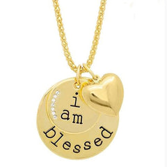 “I Am Blessed” Crystal Necklace for Women – Two-Tone Circle Pendant with 7 Sparkling Stones & Heart Charm – Adjustable 19” + 3” Chain Gift Jewelry