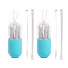 2-Pack Foldable Reusable Silicone Drinking Straws – BPA-Free, Portable with Case & Cleaning Brush (Gray & Pink)