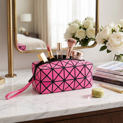 Diamond Design Cosmetic Travel Bag – Waterproof Makeup Organizer with Zipper Closure, Portable Toiletry and Beauty Storage Pouch for Women, Available in Red, Pink, Blue, Silver and White