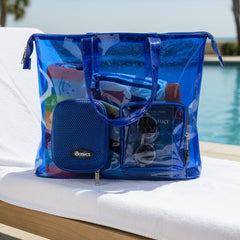 Waterproof Beach & Pool Tote Bag with Built-In Speaker – Large Weekender / Gym Carry-On Tote (Blue)
