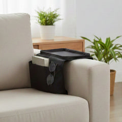 6-Pocket Sofa Armrest Organizer with Tray – Couch & Armchair Caddy for Remote Controls, Phone, Glasses & Snacks – Universal Fit Couch Arm Storage Holder