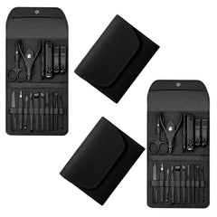 2-Pack Professional 16-Piece Manicure Pedicure Grooming Kit – Stainless Steel Nail Clippers Set with Facial Care Tools, Cuticle Trimmer, Eyebrow Scissors & Portable Travel Leather Case for Men & Women