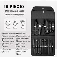 16-Piece Manicure Pedicure Grooming Kit – Stainless Steel Nail Care & Facial Tool Set with Portable Leather Travel Case for Men & Women