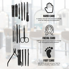 16-Piece Manicure Pedicure Grooming Kit – Stainless Steel Nail Care & Facial Tool Set with Portable Leather Travel Case for Men & Women