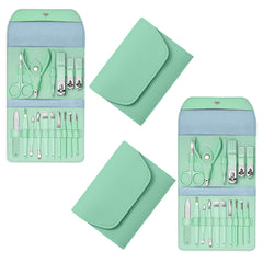2-Pack Professional 16-Piece Manicure Pedicure Grooming Kit – Stainless Steel Nail Clippers Set with Facial Care Tools, Cuticle Trimmer, Eyebrow Scissors & Portable Travel Leather Case for Men & Women