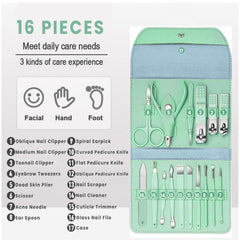 2-Pack Professional 16-Piece Manicure Pedicure Grooming Kit – Stainless Steel Nail Clippers Set with Facial Care Tools, Cuticle Trimmer, Eyebrow Scissors & Portable Travel Leather Case for Men & Women