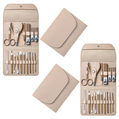 2-Pack Professional 16-Piece Manicure Pedicure Grooming Kit – Stainless Steel Nail Clippers Set with Facial Care Tools, Cuticle Trimmer, Eyebrow Scissors & Portable Travel Leather Case for Men & Women