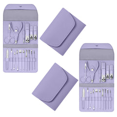 2-Pack Professional 16-Piece Manicure Pedicure Grooming Kit – Stainless Steel Nail Clippers Set with Facial Care Tools, Cuticle Trimmer, Eyebrow Scissors & Portable Travel Leather Case for Men & Women