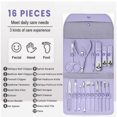 16-Piece Manicure Pedicure Grooming Kit – Stainless Steel Nail Care & Facial Tool Set with Portable Leather Travel Case for Men & Women