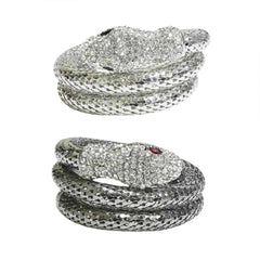 Crystal Snake Bracelet for Women – Adjustable Coiled Serpent Bangle with Rhinestone Pave & Black Crystal Eyes – Gold or Silver Tone Statement Jewelry
